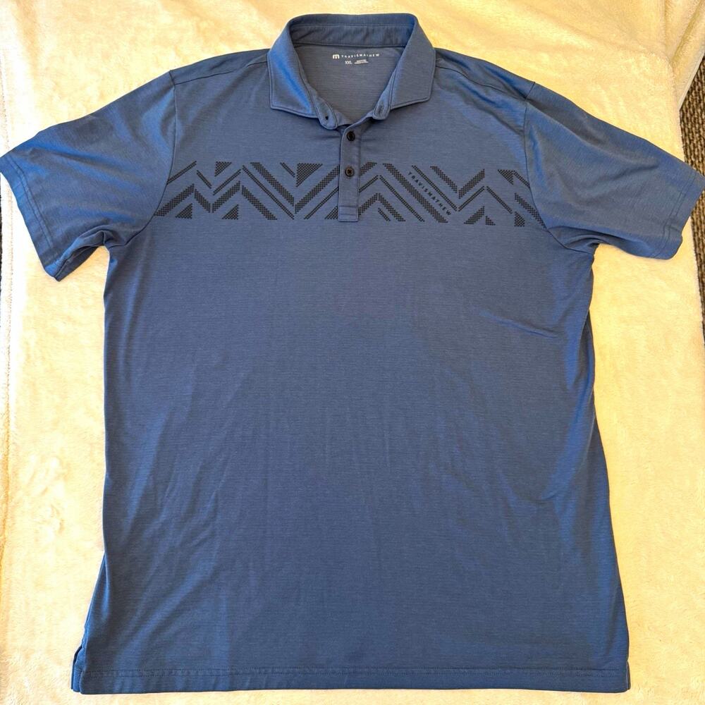 TravisMathew Golf Polo Shirt Men 2XL Blue Geometric Short Sleeve Stretch